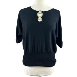 Cable and Guage short sleeve black sweater with gold embellishments. Size XL